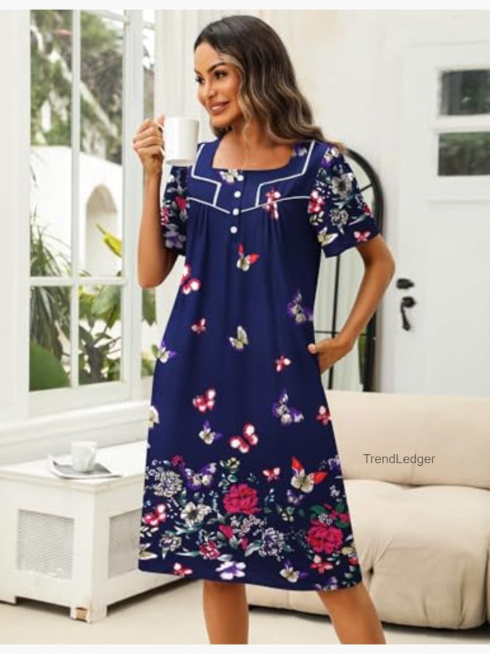 Women's House Dress with Pockets Short Sleeve Nightgown Lounge Dress - Picture 3 of 7